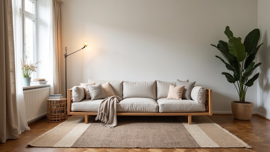 Renter-friendly apartment styled with rugs, warm lighting, and linen curtains