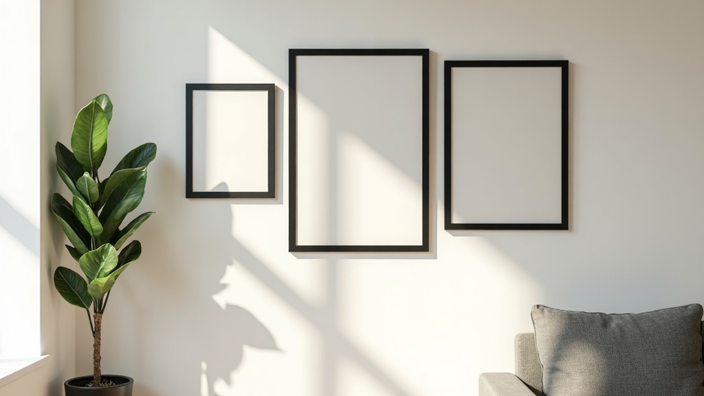 Gallery wall with Command strip frames and a potted plant in a rental apartment