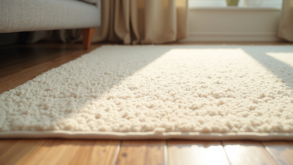 Thick cream area rug covering damaged laminate flooring in a rental apartment