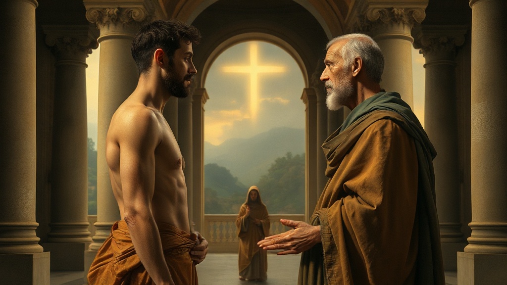 A biblical allegory of reconciliation and forgiveness in a serene classical scene