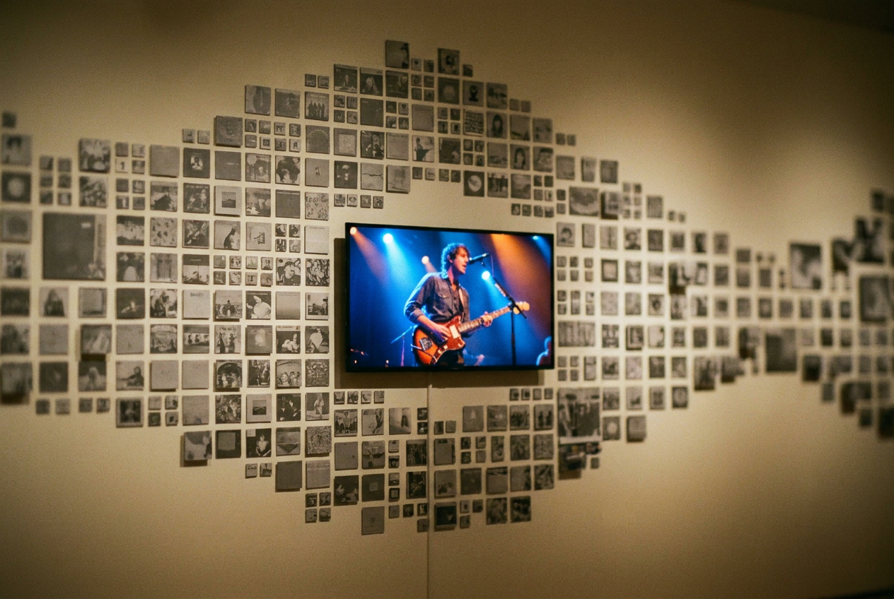 alt text: A massive wall of identical album covers flooding past a single distinctive music video still