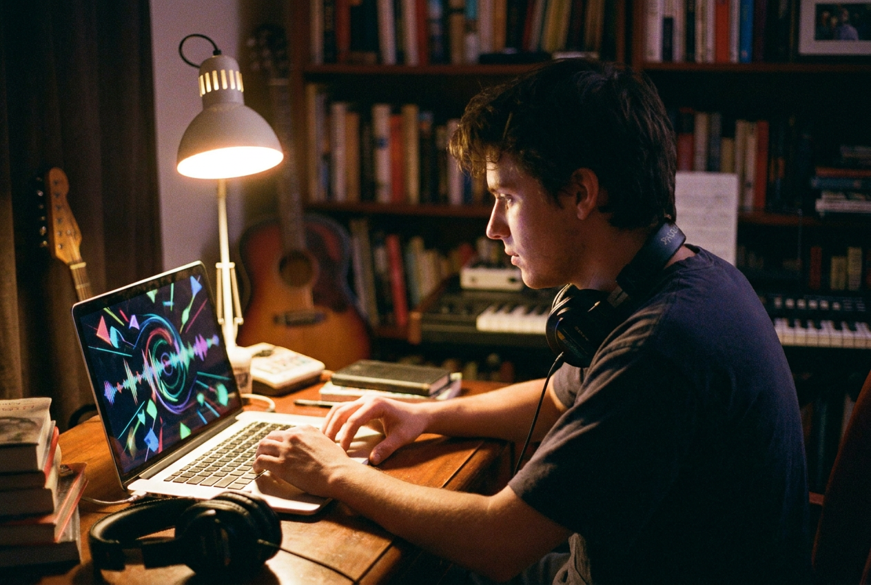 alt text: A musician creating a music video using AI visualization tools on a laptop