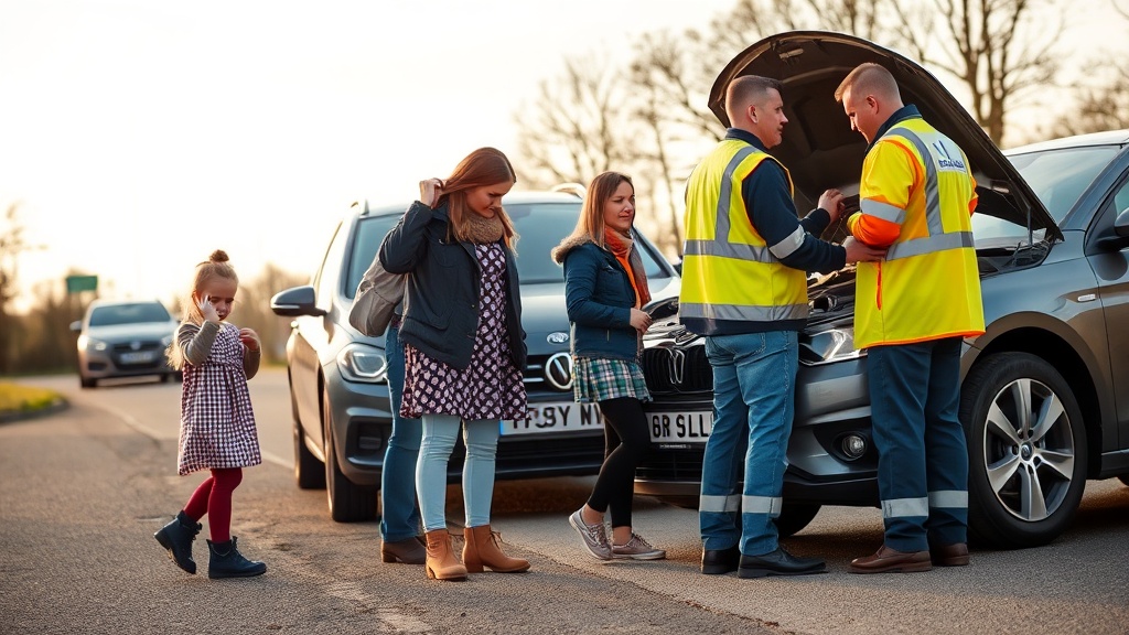 Family receiving roadside breakdown assistance from a patrol technician