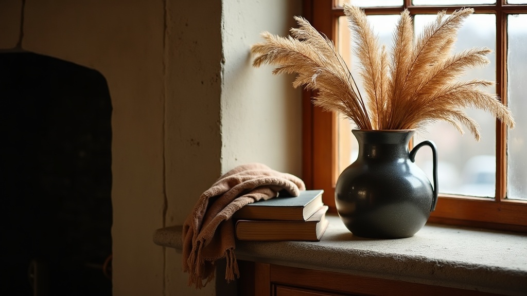 Autumn mantel update with dark stoneware, dried botanicals and wool textures