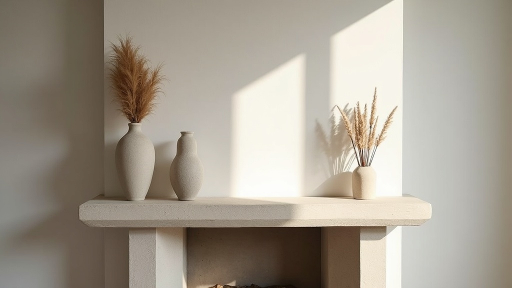 Mantel styled with intentional negative space and a single sculptural vase