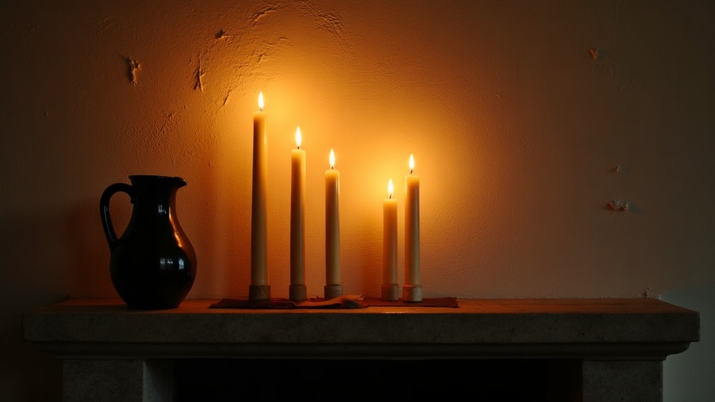 Candles at different heights creating layered warm light on a mantel shelf