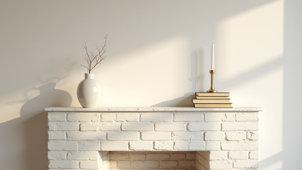 Elegantly styled fireplace mantel in a calm Scandinavian-inspired living room