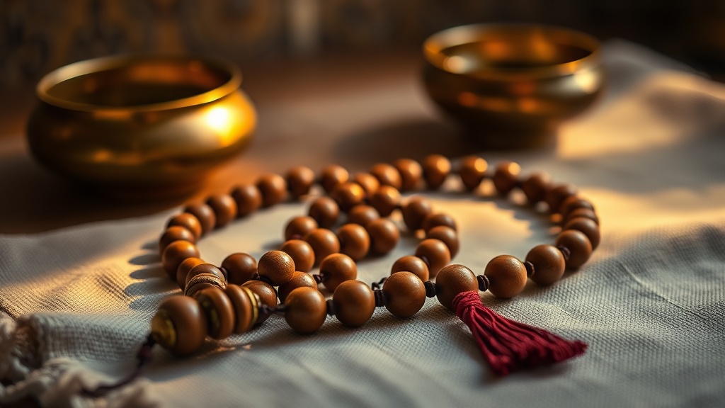 Mala tibétain en bois de santal posé sur tissu de lin, accessoire de pratique bouddhiste