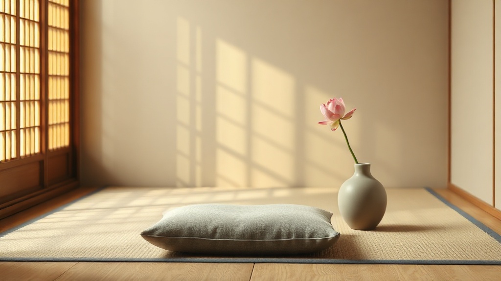 Coin de méditation minimaliste avec coussin zafu et fleur de lotus, espace de pratique bouddhiste