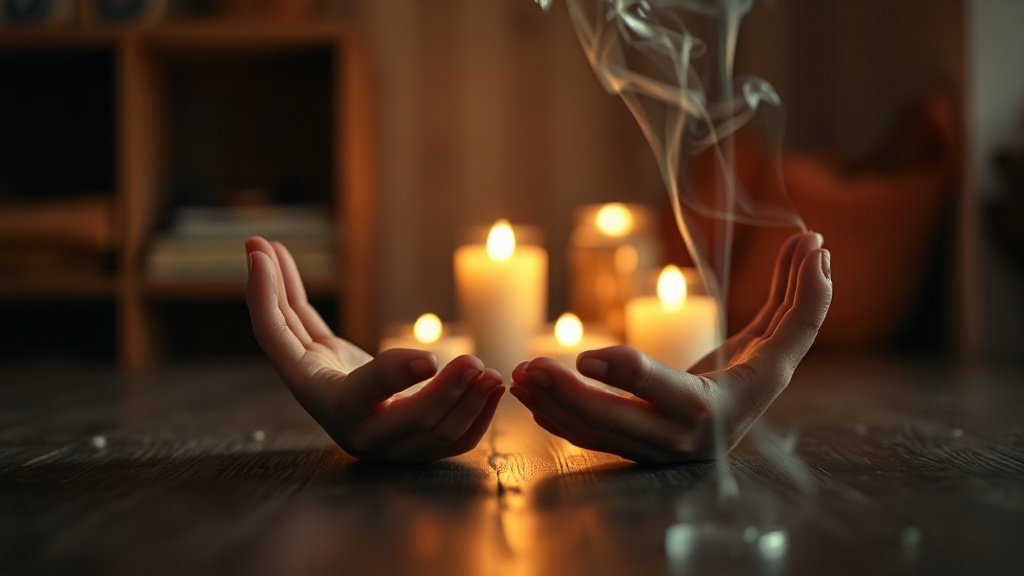 Mains en position de méditation bouddhiste, posture de mudra sur bois sombre