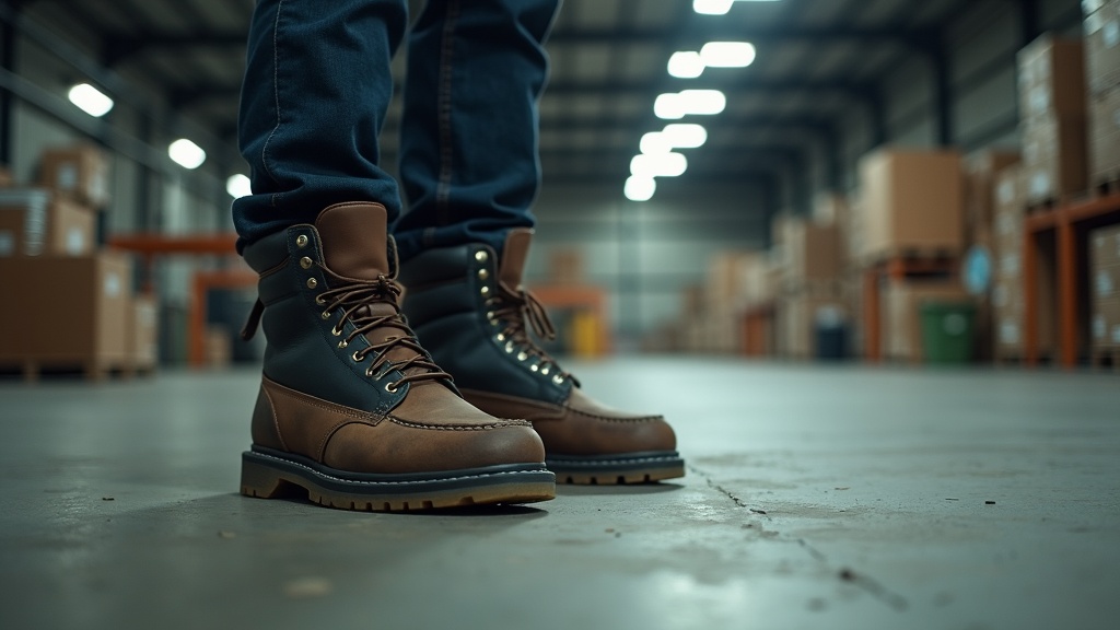 Worker standing on concrete warehouse floor in steel toe boots and crew-height work socks