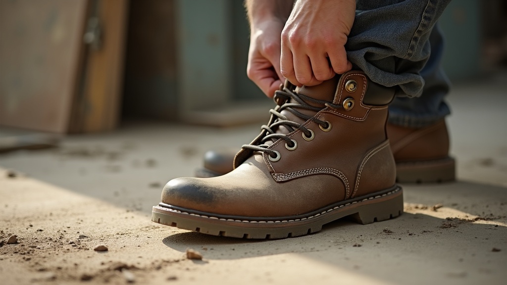 Worker pulling on steel toe boot over cushioned work sock on a job site