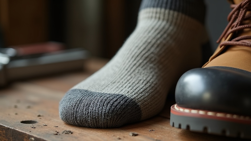 Close-up of cushioned merino wool work sock beside a steel toe boot