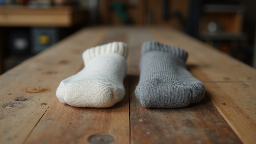 Thin cotton work sock compared to cushioned merino wool work sock for hot weather trades