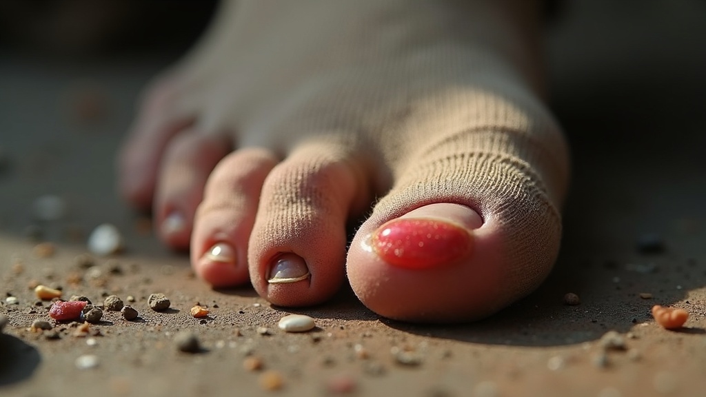 Blister on a construction worker's heel caused by poor sock choice in hot weather