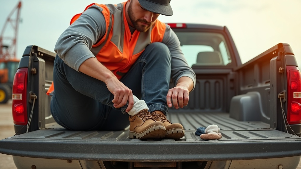Construction worker changing work socks at lunch to manage sweat and prevent blisters