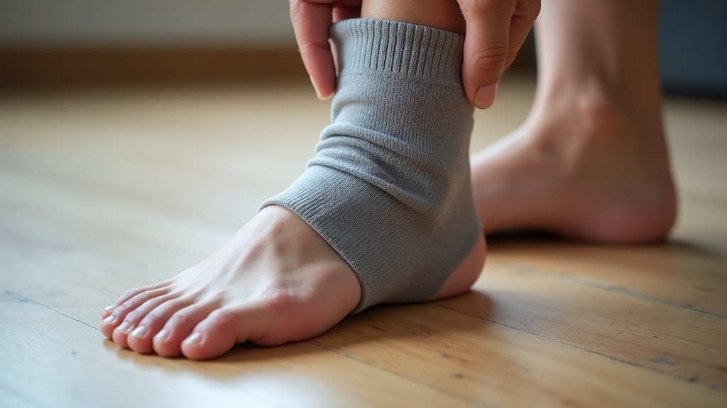 Close-up of ankle compression sock fabric being pulled over a foot