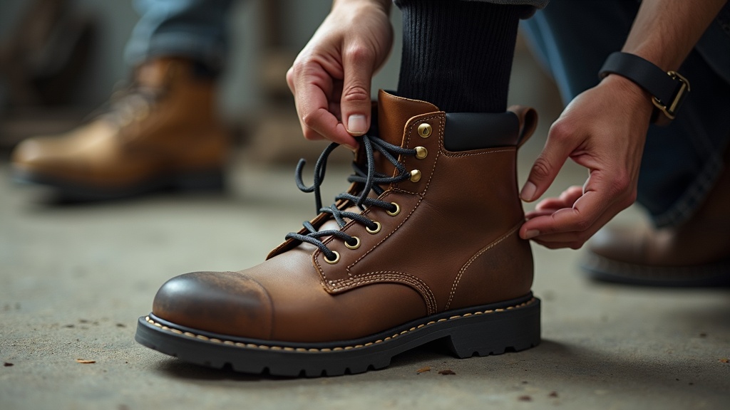 Worker lacing up a work boot over an ankle compression sock