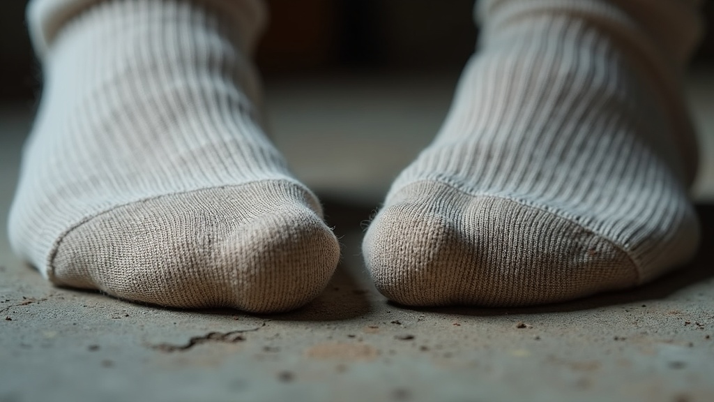 Worn-out work sock heel next to an intact reinforced sock heel