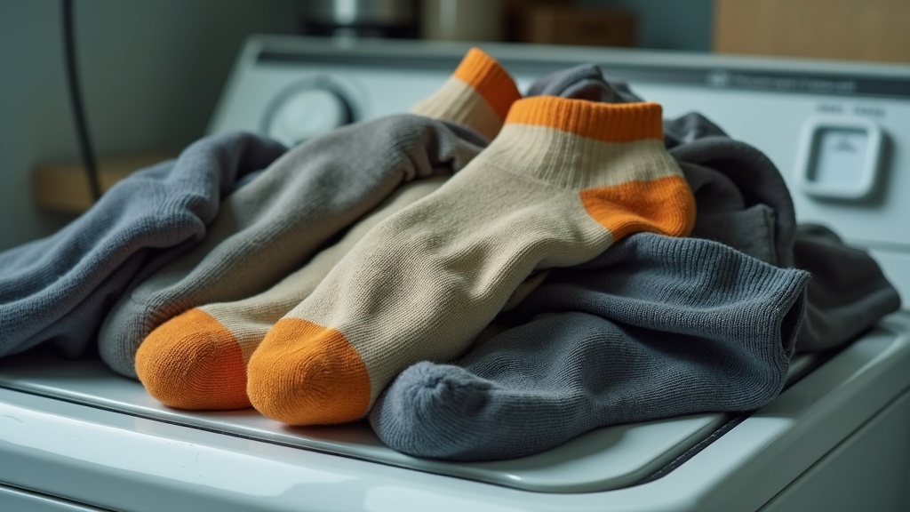Pile of mismatched work socks on a laundry machine