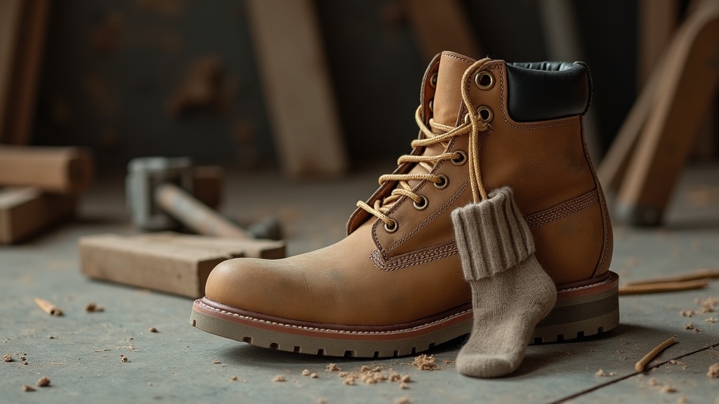 Single work sock draped over a work boot on a jobsite