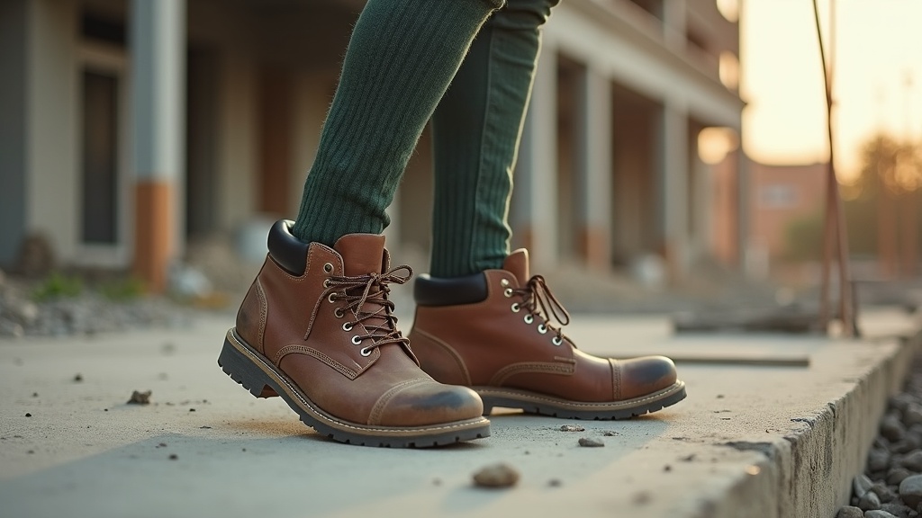 Construction worker wearing bamboo compression socks inside steel-toe work boots on a job site