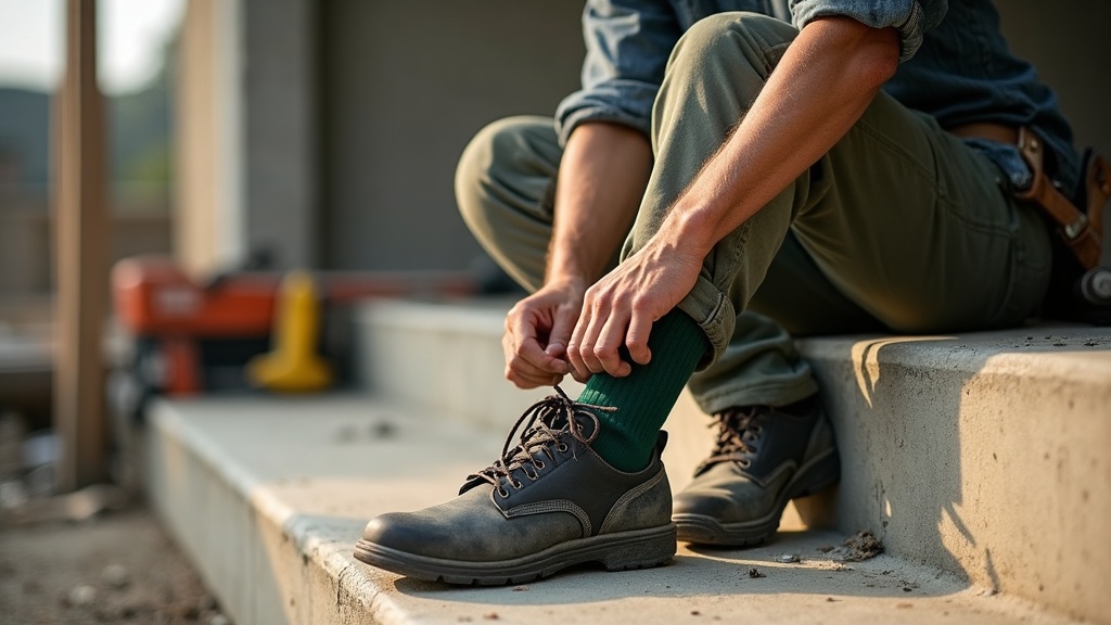 Tradesman putting on bamboo compression socks at a job site