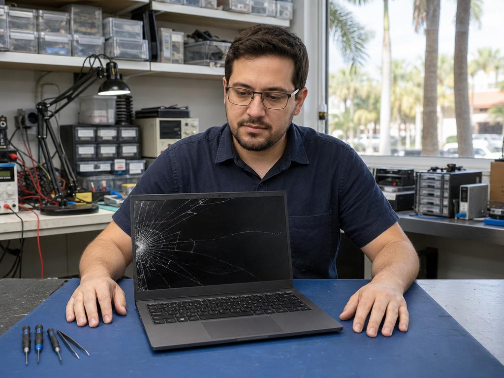 A technician at Gadget Medics in Boca Raton inspects a laptop with a cracked screen at the repair shop workbench.
