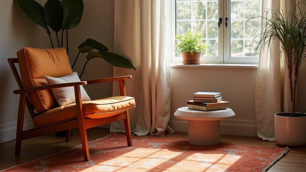 Eclectic corner with mid-century chair, Moroccan rug, and concrete side table