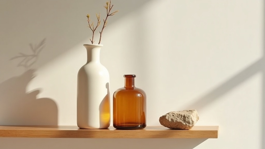 Rule of three in an eclectic shelf display: ceramic vase, amber glass, raw stone