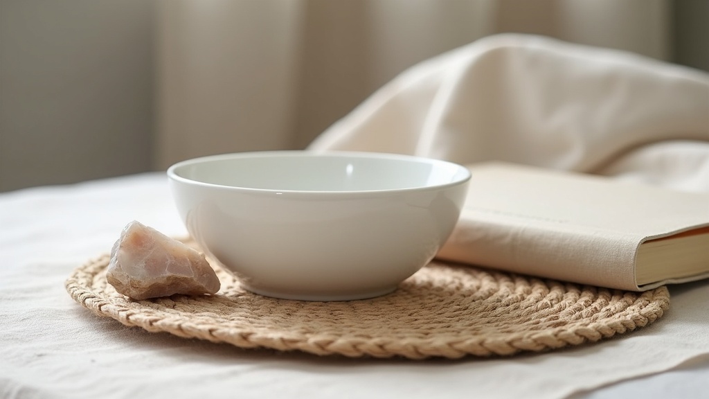 Layered textures in a modern eclectic room: ceramic, jute, quartz, linen