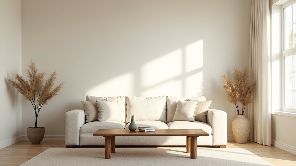Transitional design style living room with linen sofa and walnut coffee table