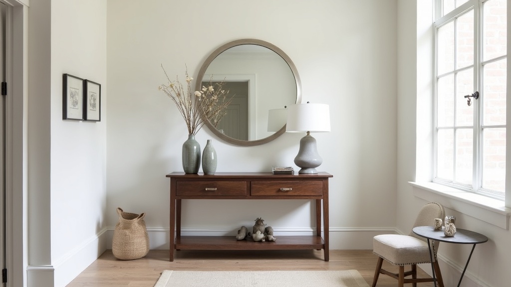 Transitional style entryway with walnut console and brushed nickel mirror