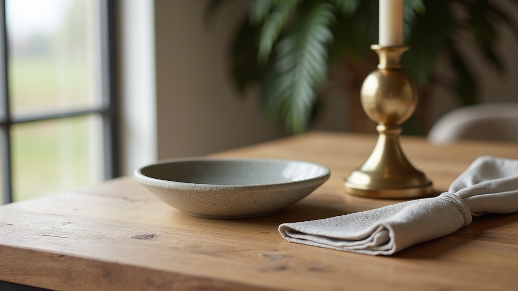 Material layering in transitional design: oak, stone, linen and brass on a dining table