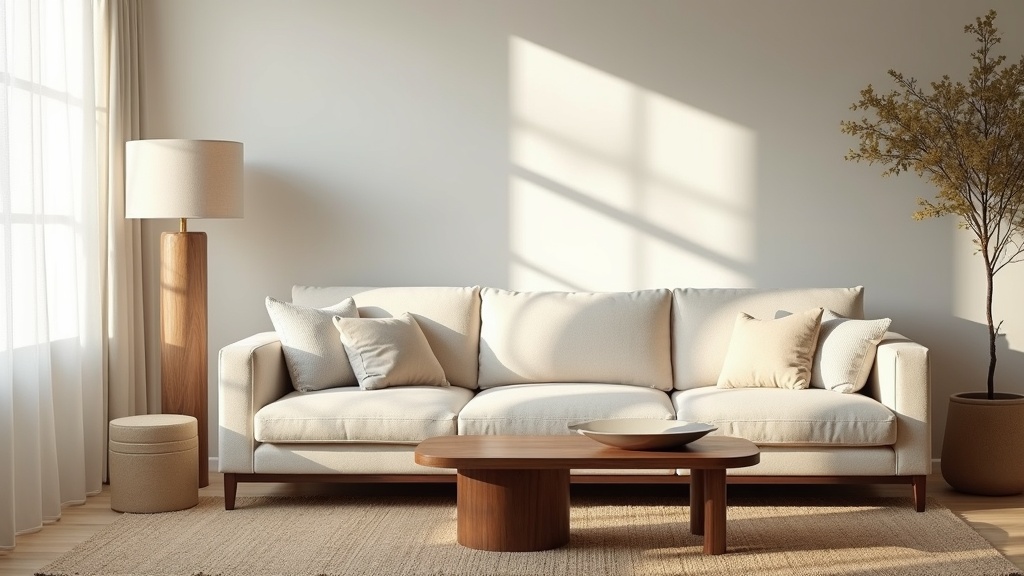 Transitional style living room with bouclé sofa, walnut coffee table and warm floor lamp