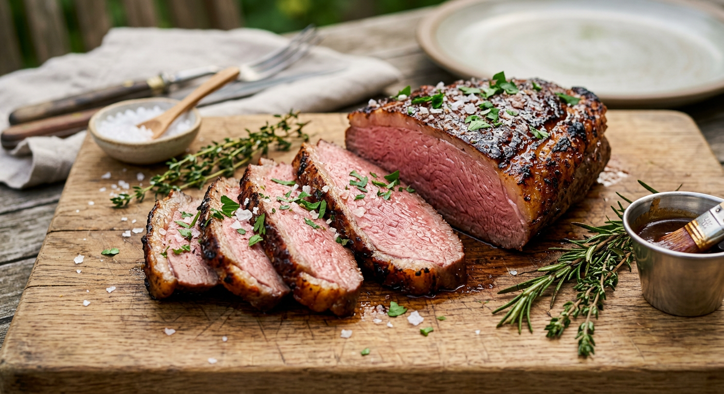 Picanha sous-vide z chrupiącą czapą tłuszczową i grillowanym, soczystym przekrojem na desce