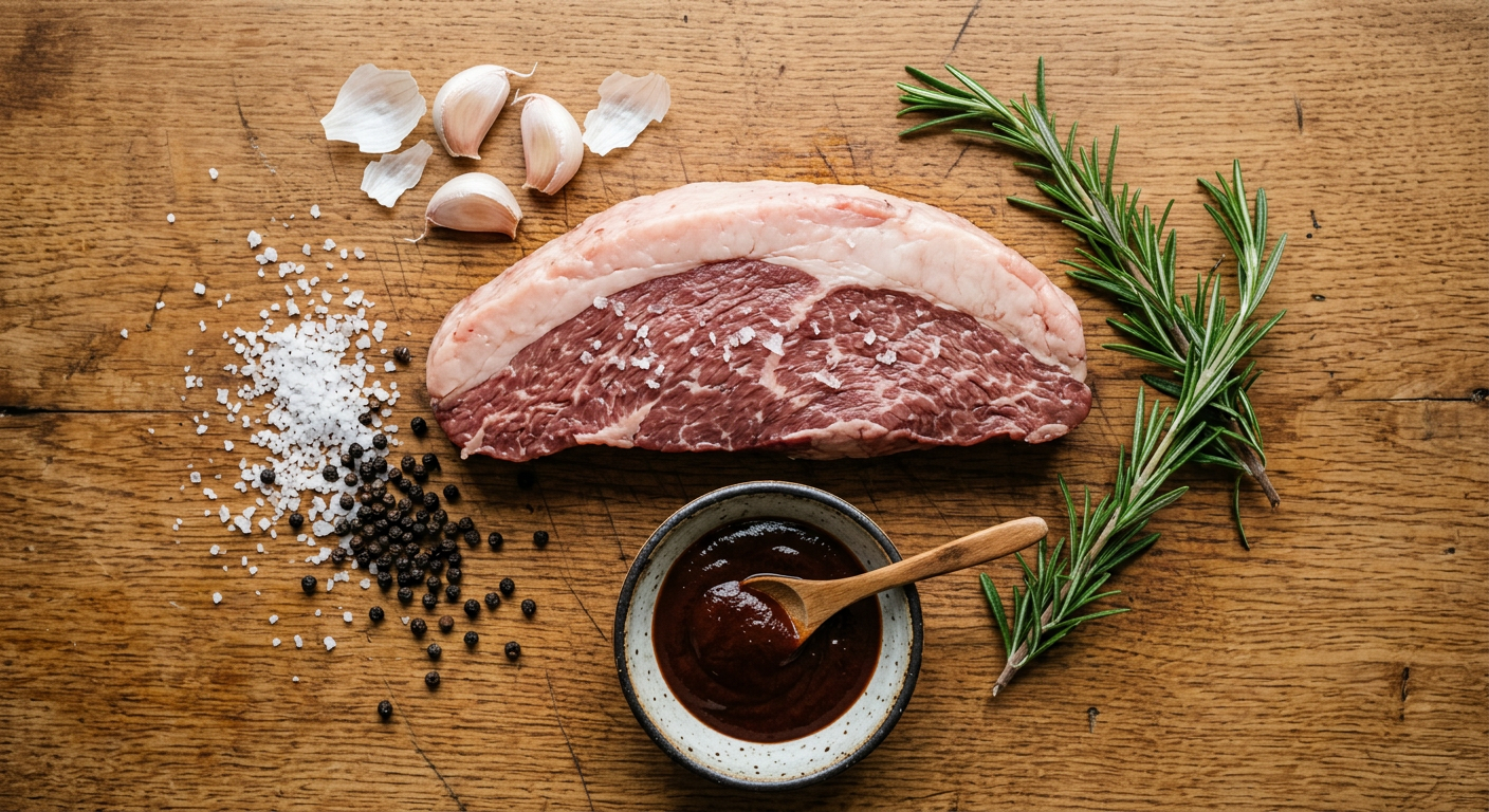 Składniki do picanhy sous-vide z przyprawami i sosem BBQ ułożone na jasnym tle