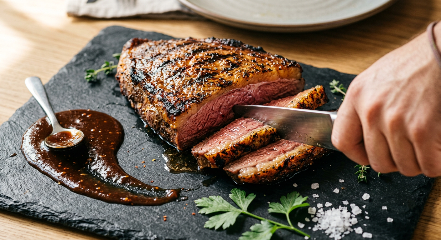 Picanha po grillowaniu z chrupiącą czapą tłuszczową i wyraźnym śladem rusztu podczas krojenia