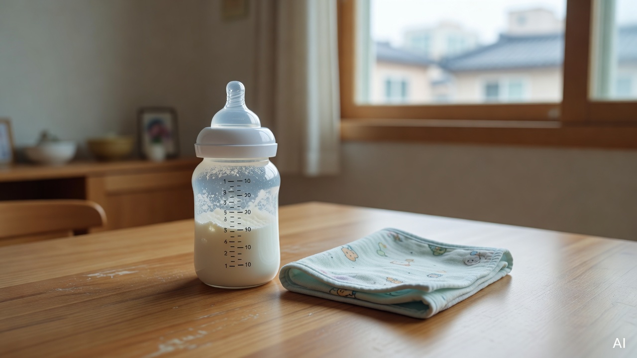baby formula bottle and burp cloth on a wooden table