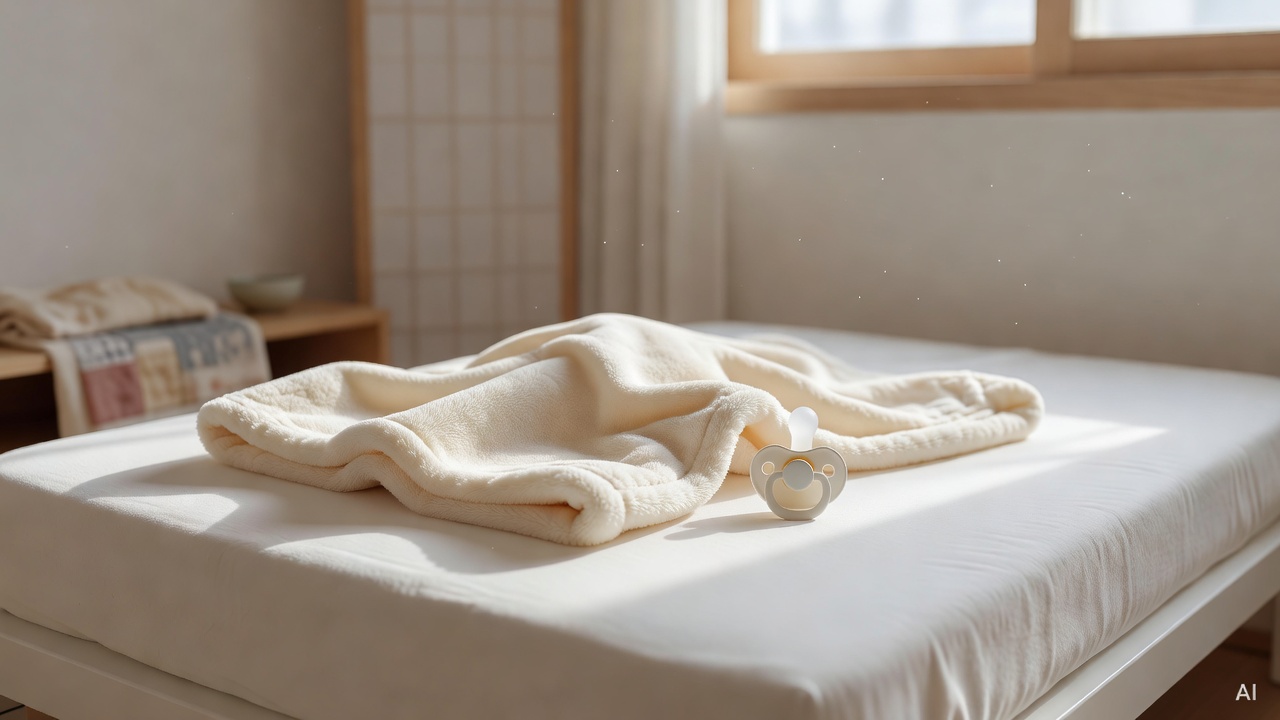 soft baby blanket and pacifier on a white crib mattress