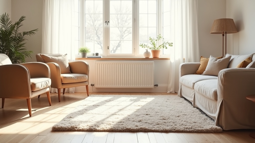 Best area rug placement in living room with furniture anchored on a neutral wool rug