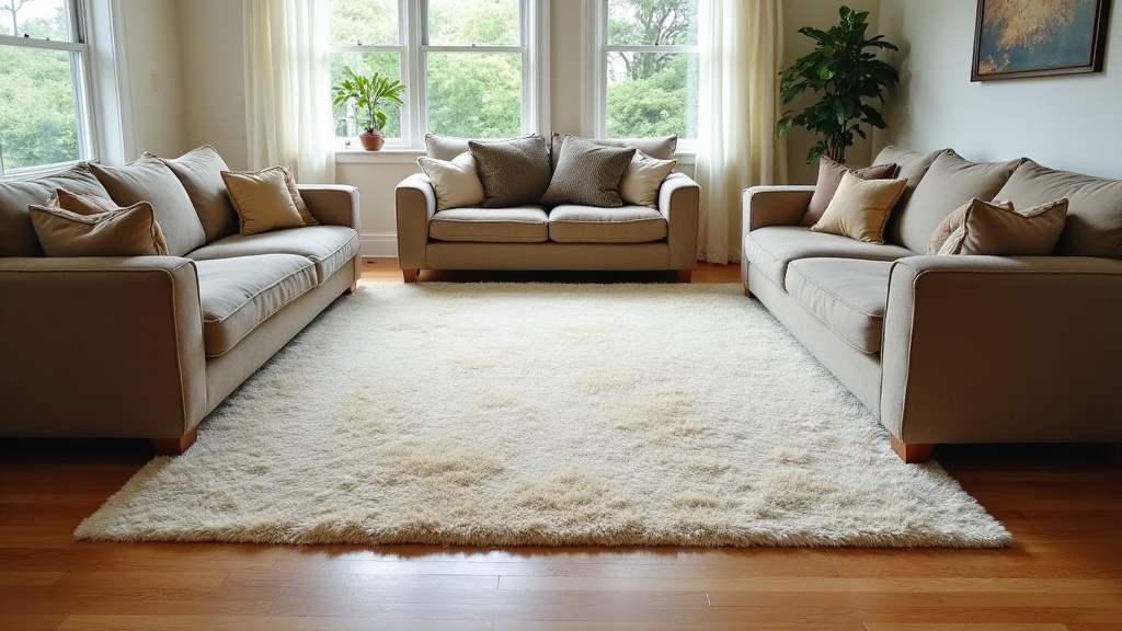 9x12 rug placement with all furniture legs on the rug and bare floor border around the perimeter