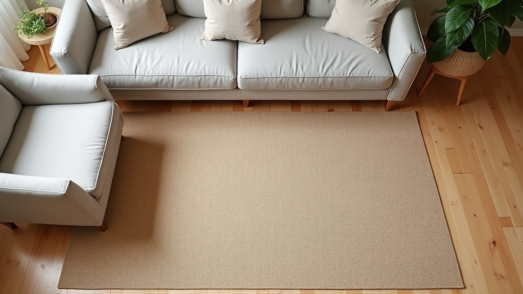 Overhead view of rug placement with front legs of sofa and chairs on the rug