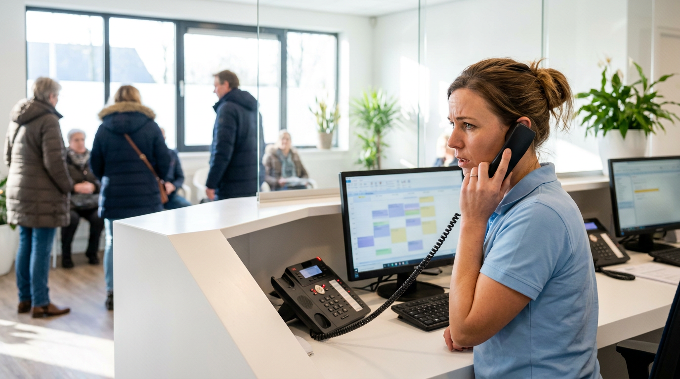 Doktersassistente aan de telefoon achter een drukke receptie terwijl meerdere lijnen tegelijk rinkelen