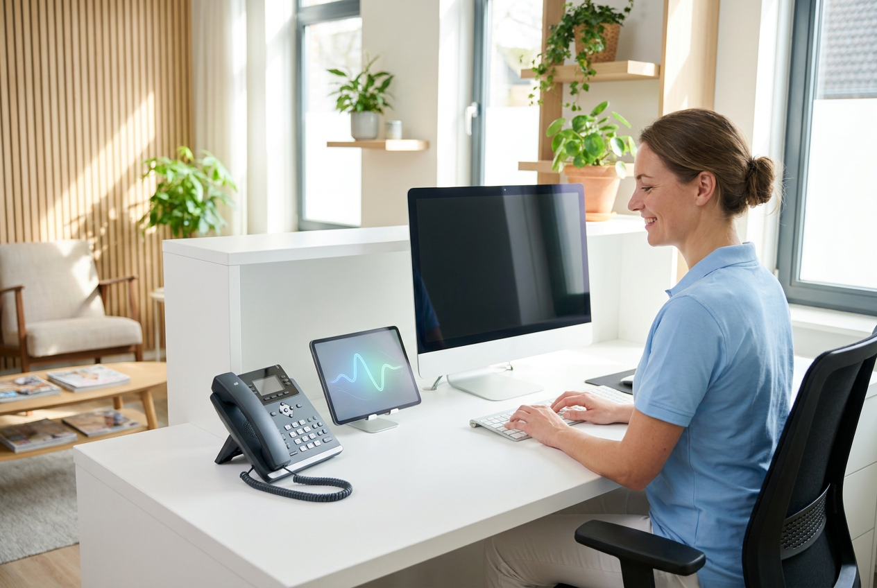 Ontspannen assistente achter een rustige receptie terwijl de AI receptioniste de telefoon afhandelt