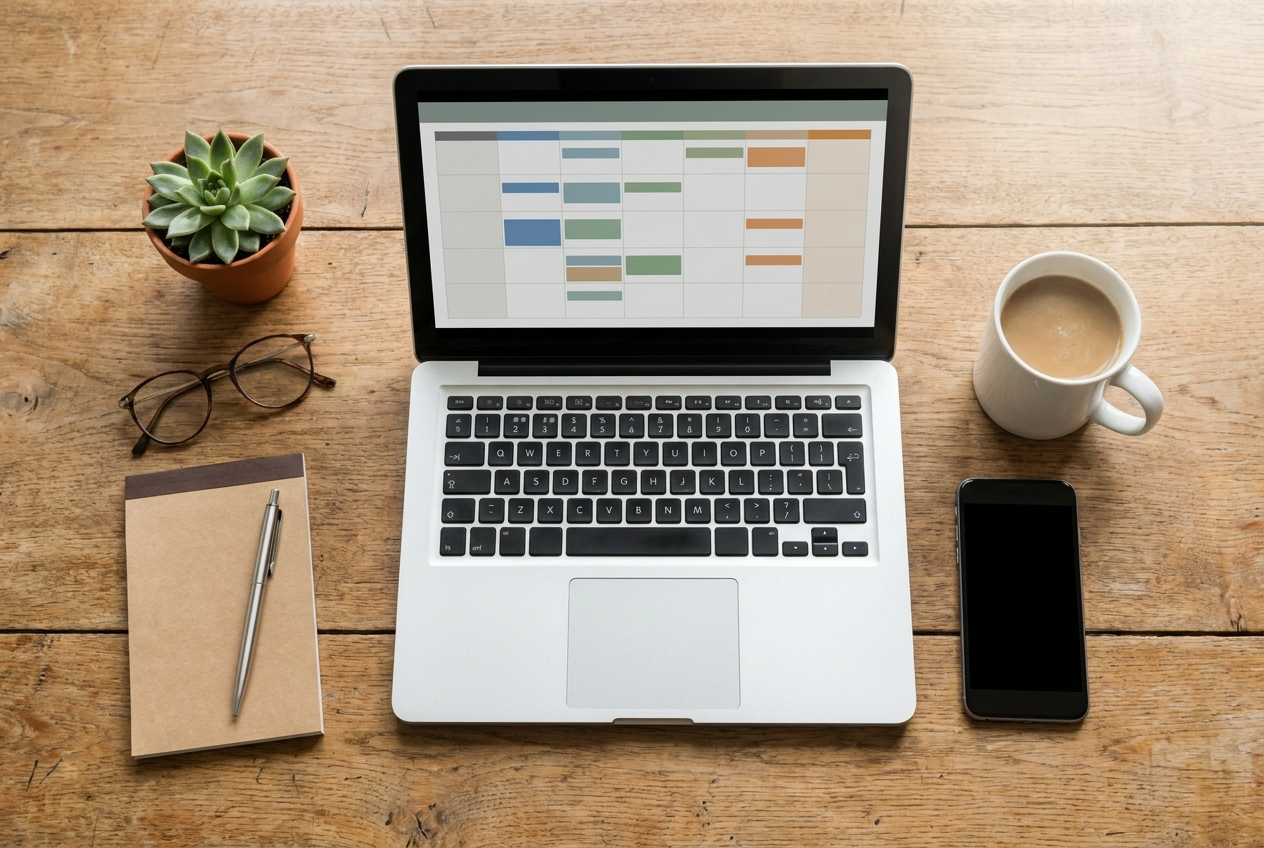 Bureau met laptop en agenda-overzicht voor het automatisch inplannen van afspraken