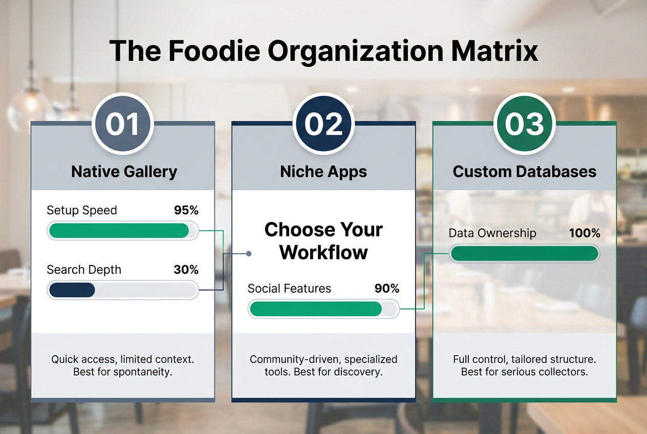 Comparison matrix of restaurant photo organization methods showing Native Gallery, Niche Apps, and Custom Databases with performance metrics.