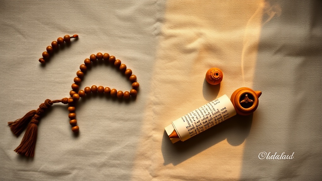 Mala en bois, texte sanskrit et encens sur tissu de lin, outils de pratique bouddhiste quotidienne