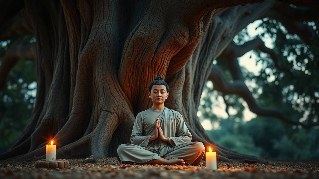 Mains posées en méditation sous un arbre de la Bodhi, symbole de l'Éveil du Bouddha