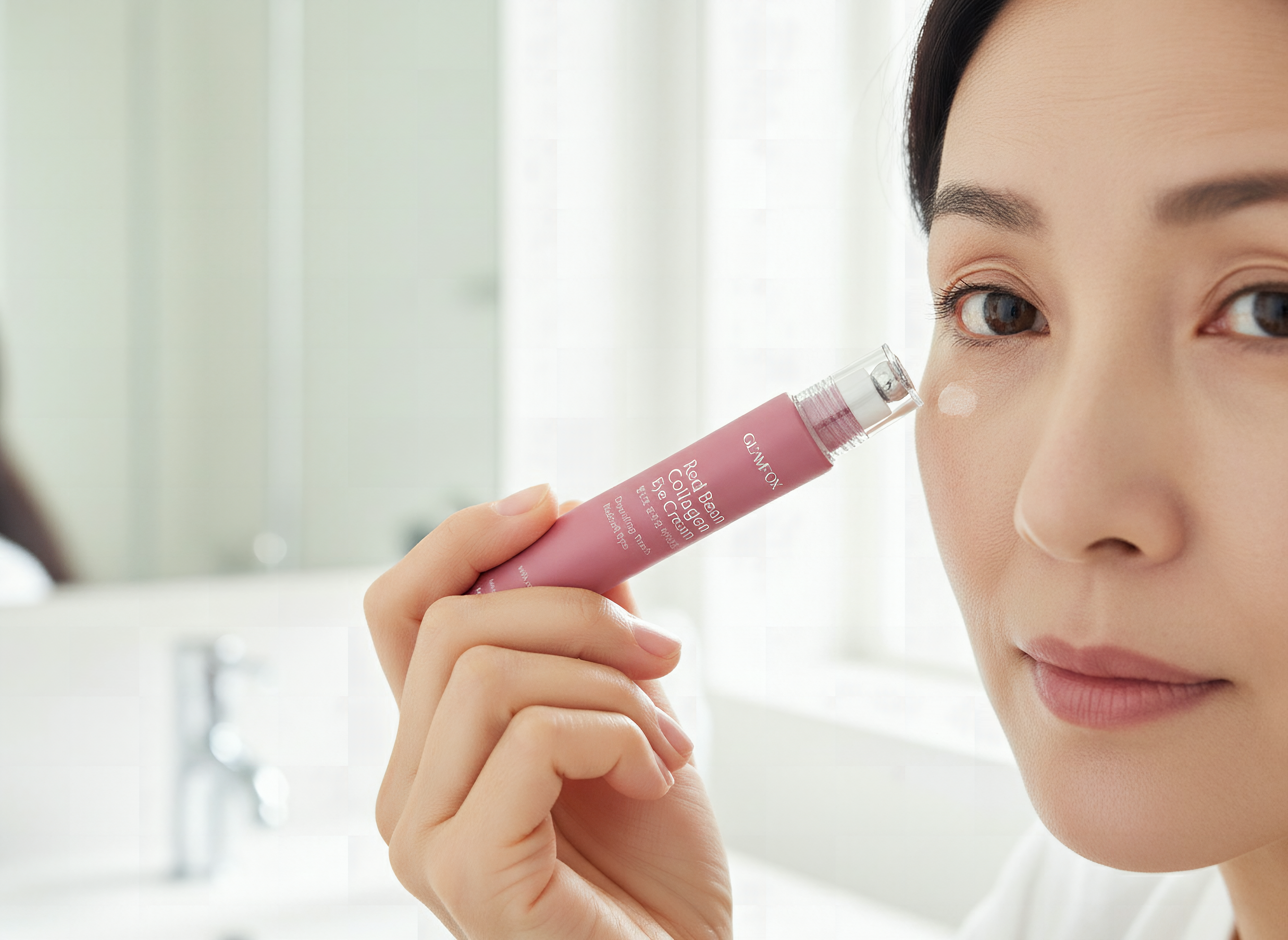 Red Bean Collagen Eye Cream, 1.01 fl. oz.: A woman over 50 gently rolling a Glamfox Red Bean Collagen eye cream applicat